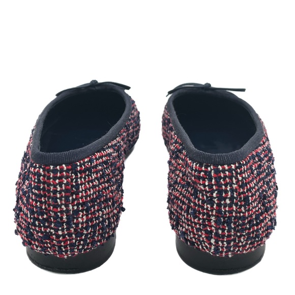 Chanel Navy Red Tweed Leather Interlocking CC Cap Toe Ballet Flats Size 38 - Picture 4 of 8